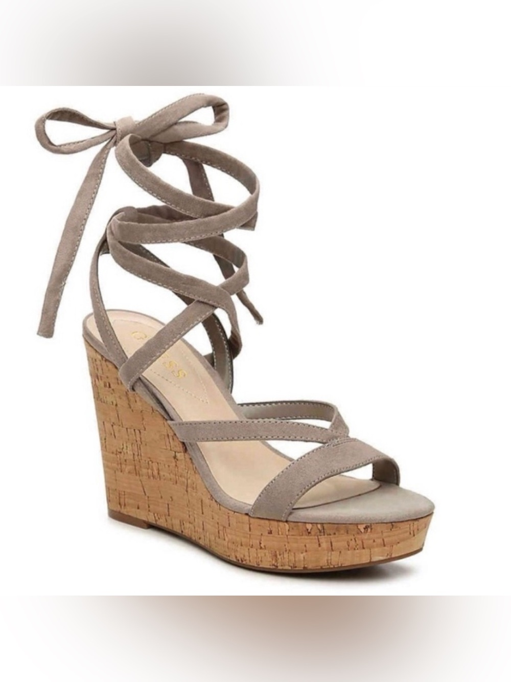 Guess Gray Suede Lace-Up Cork Wedge Sandal Heels